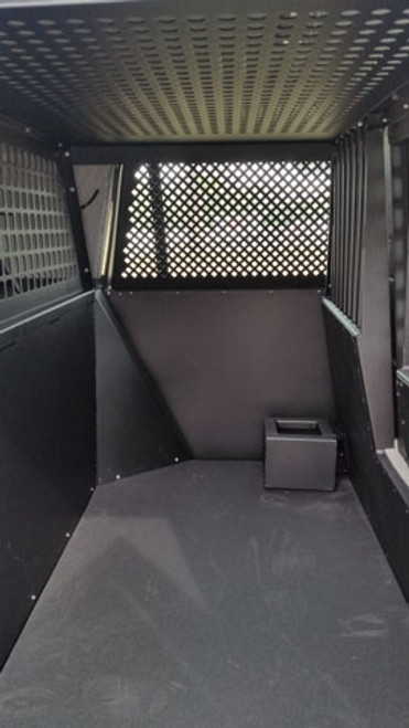 American Aluminum Chevy Silverado Crew Cab 2014-2019 EZ Rider Law Enforcement K9 Kennel Transport System, Insert, Black or Aluminum Finish, includes rubber mat, door panels, and window guards